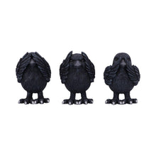 Laden Sie das Bild in den Galerie-Viewer, Three Wise Raven Figurines Gothic See No ,Hear No, Speak No Evil Ravens pagan