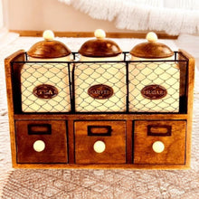 Load image into Gallery viewer, Rustic Wooden Tea Coffee Sugar Storage Rack with Ceramic Jars and Drawers - Wall Mountable