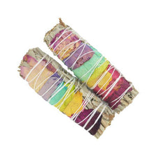 Load image into Gallery viewer, Pair of 10cm Chakra Smudging Sticks - Natural White Sage & Colorful Chakra Petals for Cleansing & Meditation