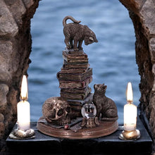 Load image into Gallery viewer, Feline Scholars Alchemy Bronze Figurine – Gothic Cats and Books Home Display