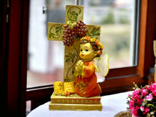 Load image into Gallery viewer, Cherubic Praying Angel Figurine, 12.5cm – Ornate Resin Cross with Grapes, Religious Decor, Spiritual Tabletop Art, Angelic Home Blessing-OsirisTradingUK