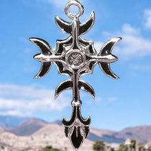 Load image into Gallery viewer, Gothic Moon Cross Pendant - Arcane Symbol of King Zagan, Wit and Wisdom Talisman, Pewter Necklace with Gift Box