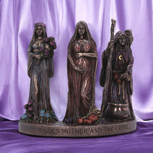 Load image into Gallery viewer, Bronze Pagan Maiden, Mother, and Crone Trio Statue - Wiccan Decor Gift