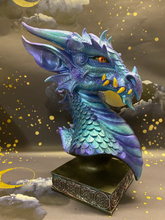 Load image into Gallery viewer, Blue Dragon Bust on Plinth - Resin Art Sculpture - Mythical Decor Centerpiece 30x21cm