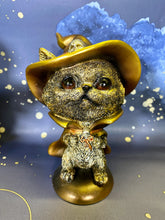 Load image into Gallery viewer, Gold Effect Comical Cat Statue with Witch Hat & Cape - Halloween Decor Resin Figurine - Witchy Cat Ornament
