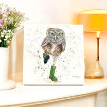 Load image into Gallery viewer, "OLIVER IN BOOTS 20x20cm Ceramic Art Tile by Bree Merryn – Ready to Hang Wall Art | Cute & Quirky Owl Decor | Brand New in Box"
