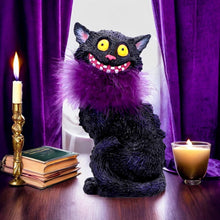 Load image into Gallery viewer, Furgus Black Cat Figurine with Purple Feather Boa – 19.5cm Gothic Decorative Ornament