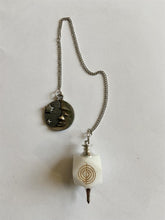 Load image into Gallery viewer, White Agate Reiki Pendulum with Cho Ku Rei Symbol & Moon Charm | Dowsing Divination Tool