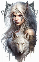 Laden Sie das Bild in den Galerie-Viewer, Fantasy Wolf Warrior Wall Plaque Metal Art | Gothic White Wolf Woman | Norse Myth Inspired Decor 48cm