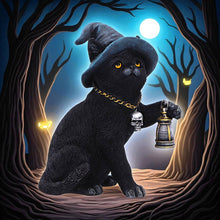 Laden Sie das Bild in den Galerie-Viewer, Fantasy Witch Cat Figurine Gothic Cat Familiar Lantern & Skull Necklace Statue