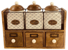 Load image into Gallery viewer, Rustic Wooden Tea Coffee Sugar Storage Rack with Ceramic Jars and Drawers - Wall Mountable