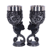Load image into Gallery viewer, Twin Black Cat Goblets Familiars Gothic Chalice Set Wiccan Occult Wine Glasses