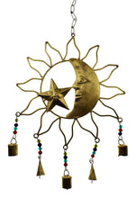 Load image into Gallery viewer, Celestial Harmony Metal Sun and Moon Wall Hanging with Cascading Bells - Artisanal Cosmic Decor with Beaded Accents for Home and Garden-OsirisTradingUK