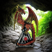 Laden Sie das Bild in den Galerie-Viewer, Red Gold Dragon Figurine 16.5cm | Fantasy Resin Dragon Ornament on Claw Base with Eye | Gothic Home Decor