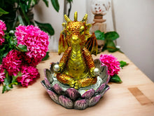 Load image into Gallery viewer, Golden Dragon Lotus Throne Figurine - Mystical Resin Dragon Statue for Home Decor and Enchantment, 10cm-OsirisTradingUK