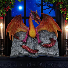 Laden Sie das Bild in den Galerie-Viewer, Fantasy Dragon on Spellbook Ornament | Red Glitter Resin Figurine | Magical Gothic Decor 18cm