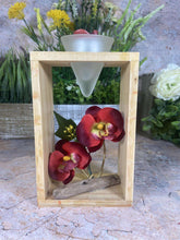 Laden Sie das Bild in den Galerie-Viewer, Elegant Orchid Artificial Flower Arrangement with Wooden Candle Holder - 19 cm Tall-OsirisTradingUK