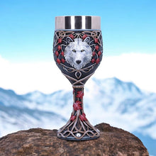 Load image into Gallery viewer, Fantasy Gothic Wolf Goblet – Lisa Parker Celtic White Wolf Chalice with Fall Leaves