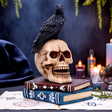 Laden Sie das Bild in den Galerie-Viewer, Gothic Raven perched Skull Figurine on Spell books Fantasy Occult Witchcraft Decor