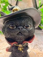 Load image into Gallery viewer, Comical Black Cat with Witch Hat & Cape - Whimsical Halloween Decor - Resin Statue - Gothic Cat with Skull - 15x11cm
