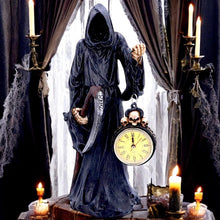 Laden Sie das Bild in den Galerie-Viewer, Grim Reaper Holding Clock Figurine Macabre Fantasy Statue Gothic Horror Home Decor