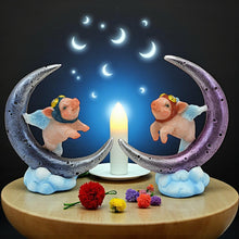 Laden Sie das Bild in den Galerie-Viewer, Whimsical Flying Pigs on Moon Figurine Pair Cute Fantasy Ornaments Home Deco