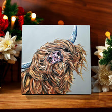Load image into Gallery viewer, CASSY MCSASSY Highland Cow Ceramic Art Tile by Sam Fenner 20x20 cm – Ready to Hang