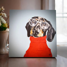Load image into Gallery viewer, Sebastian Ceramic Art Tile by Victoria Coleman 20x20 cm Ready to Hang Wall Decor Unique Dachshund Artwork