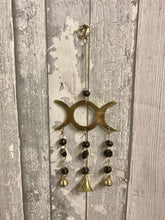 Load image into Gallery viewer, Triple Moon Goddess Wind Chime - Mystic Brass Harmony Bells, Black Bead Accents, Pagan Altar Decor, Spiritual Gift, 26cm-OsirisTradingUK
