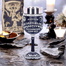 Load image into Gallery viewer, Black & White Spirit Board Goblet Glass | Gothic Planchette Stem Design | Gift Boxed