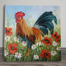 Load image into Gallery viewer, Vibrant 'Poppy Cockerel' Ceramic Tile by Judith Yates - Rustic Farmhouse Wall Art, Freestanding or Wall Mounted, 20x20 cm-OsirisTradingUK