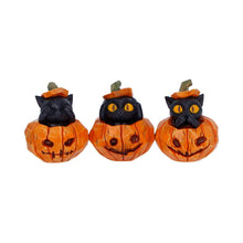 Load image into Gallery viewer, Black Cat Pumpkin Ornaments Set 3 See Hear Speak No Evil Gothic Halloween Figures