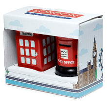 Load image into Gallery viewer, London Inspired Ceramic Salt and Pepper Shakers Red Phone Box Post Office Design