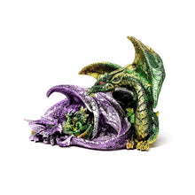 Load image into Gallery viewer, Majestic Dragon Family Figurine - Green & Purple Resin Statue Fantasy Decor
