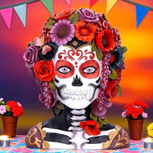Laden Sie das Bild in den Galerie-Viewer, Gothic Festival Skeleton Bust Day of the Dead Sugar Skull Figurine with Flower Crown