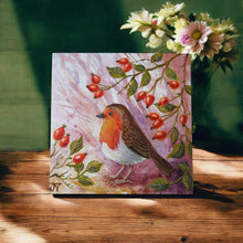 Load image into Gallery viewer, ROSE HIP ROBIN Ceramic Art Tile by Judith Yates - 20x20 cm - Ready to Hang - Collectible Home Decor