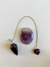Load image into Gallery viewer, Amethyst Dowsing Pendulum with Heart Charm & Thumb Stone, Crystal Healing Tool - 24cm