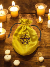 Laden Sie das Bild in den Galerie-Viewer, Mystic Yellow Satin Drawstring Bag with Purple Pentagram - Wiccan Pouch for Tarot, Runes, & Amulets, Magical Altar Cloth Bag.