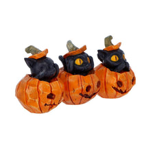 Load image into Gallery viewer, Black Cat Pumpkin Ornaments Set 3 See Hear Speak No Evil Gothic Halloween Figures