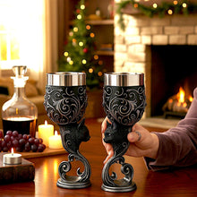 Load image into Gallery viewer, Twin Black Cat Goblets Familiars Gothic Chalice Set Wiccan Occult Wine Glasses