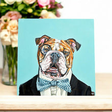 Load image into Gallery viewer, Monocle Max Ceramic Art Tile by Victoria Coleman - 20x20 cm Bulldog in Tuxedo Ready to Hang, Decorative Wall Art, Gift for Dog Lovers