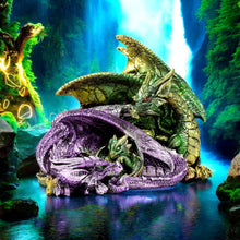 Load image into Gallery viewer, Majestic Dragon Family Figurine - Green & Purple Resin Statue Fantasy Decor