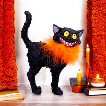 Load image into Gallery viewer, Furdinand Black Cat Figurine with Orange Feather Boa – 23cm Quirky Halloween Decor