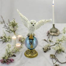 Laden Sie das Bild in den Galerie-Viewer, Mystical Snowy Owl on Crystal Ball Statue - Fantasy Decor - Resin Art Sculpture-OsirisTradingUK