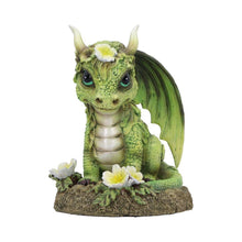 Load image into Gallery viewer, Green Baby Dragon Figurine 11.5cm – Cute Resin Fantasy Ornament with Flowers