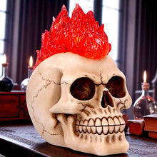 Laden Sie das Bild in den Galerie-Viewer, Gothic Skull with Led Flame Mohawk Sculpture Horror Creepy Halloween Figurine