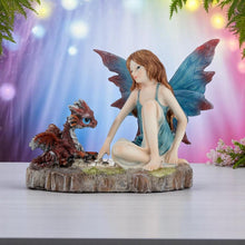 Laden Sie das Bild in den Galerie-Viewer, Fantasy Fairy with Red Dragon Figure | Blue Winged Fairy Statue | Gothic Mythical Resin Art 15cm