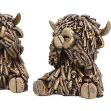 Load image into Gallery viewer, Three Wise Highland Cow Figurines Gold Farm Animal See Hear Speak Set