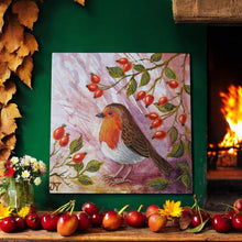 Load image into Gallery viewer, ROSE HIP ROBIN Ceramic Art Tile by Judith Yates - 20x20 cm - Ready to Hang - Collectible Home Decor