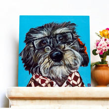 Load image into Gallery viewer, Harry Art Tile by Victoria Coleman | Unique 20x20 cm Ceramic Wall Art | Ready to Hang with Box | Quirky Schnauzer Design | Perfect Gift for Art & Dog Lovers